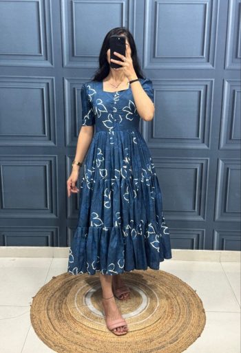 MODERN MUSLIN COTTON PRINT WITH STYLISH 3 LAYER PATTERN WORK ONE PIECE BLUE