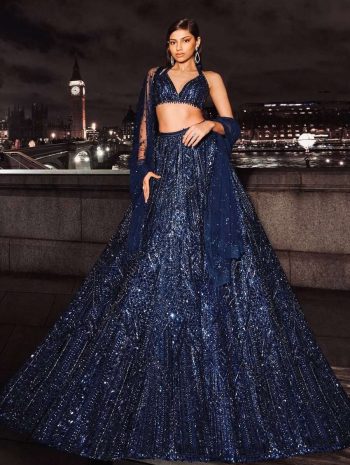 MODERN NET SEQUENCE, DORI WORK LEHENGA CHOLI WITH DUPATTA NAVY BLUE
