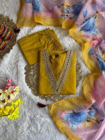 MODERN ROMAN SILK EMBROIDERY WITH SEQUENCE WORK TOP BOTTOM WITH DUPATTA YELLOW