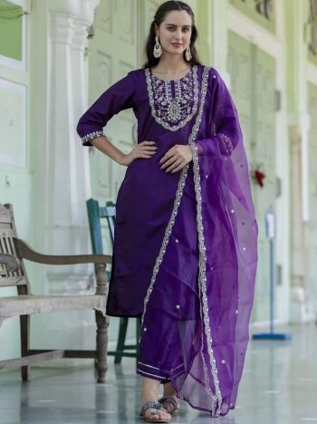 MODERN ROMAN SILK EMBROIDERY WORK TOP BOTTOM WITH DUPATTA PURPLE