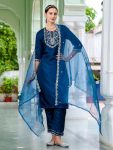 MODERN ROMAN SILK EMBROIDERY WORK TOP BOTTOM WITH DUPATTA NAVY BLUE