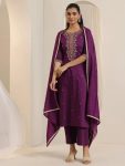 MODERN ROMAN SILK EMBROIDERY WORK TOP BOTTOM WITH DUPATTA WINE