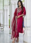 MODERN ROMAN SILK EMBROIDERY WORK TOP BOTTOM WITH DUPATTA RED