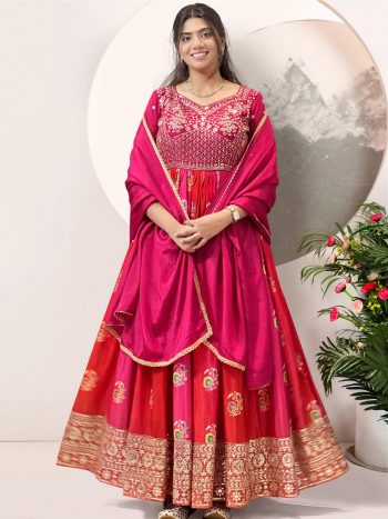 MODERN SATIN SILK AND CHINON SILK DIGITAL PRINT WITH EMBROIDERY SEQUENCE WORK GOWN WITH DUPATTA RANI