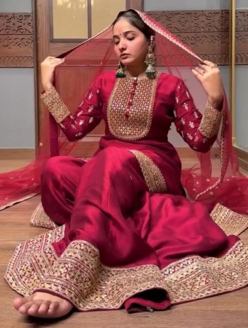 MODERN SATIN SILK EMBROIDERY SEQUENCE WORK TOP PALAZZO WITH DUPATTA RANI