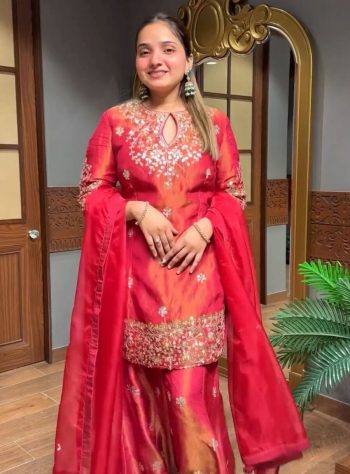 MODERN SHIMMER SILK EMBROIDERY WORK TOP PALAZZO WITH DUPATTA RED