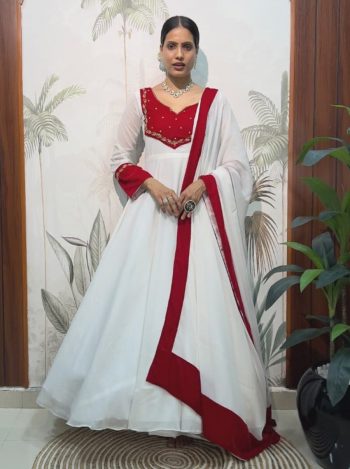 MODERN SHINY GEORGETTE SILK HAND WORK GOWN WITH DUPATTA WHITE