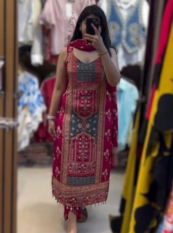 MODERN SILK DIGITAL PRINT WITH REAL MIRROR HAND WORK AND FANCY LACE WORK TOP BOTTOM WITH DUPATTA RANI