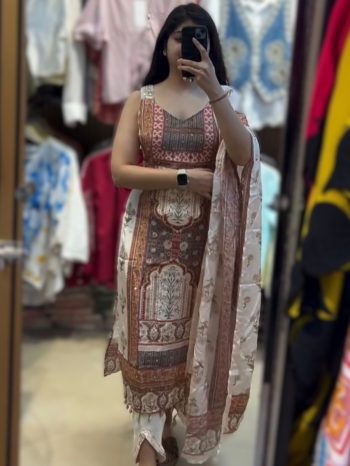 MODERN SILK DIGITAL PRINT WITH REAL MIRROR HAND WORK AND FANCY LACE WORK TOP BOTTOM WITH DUPATTA WHITE