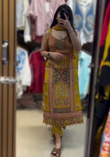 MODERN SILK DIGITAL PRINT WITH REAL MIRROR HAND WORK AND FANCY LACE WORK TOP BOTTOM WITH DUPATTA YELLOW