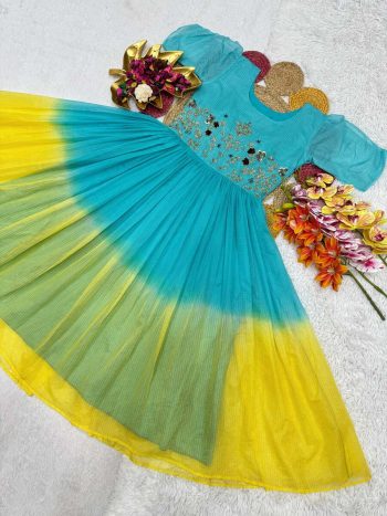 MODERN SOFT KOTA CHECKS MAGGAM WORK ONE PIECE SKY