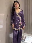 MODERN VICHITRA SILK DIGITAL PRINT WITH EMBROIDERY THREADS ,SEQUENCE & CODING WORK TOP PALAZZO SET PURPLE