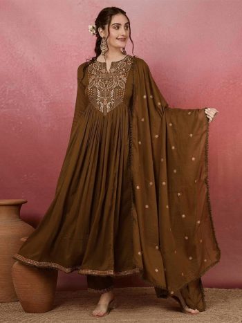 MODERN VISCOSE CHANDERI EMBROIDERY WORK TOP BOTTOM WITH DUPATTA MEHNDI