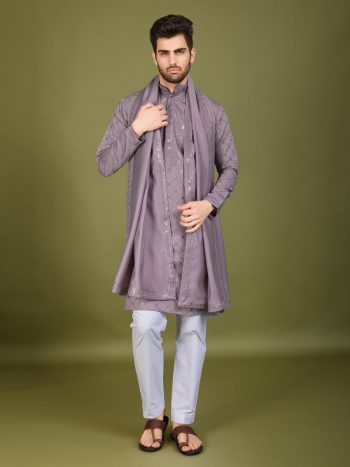MODERN VISCOSE SILK THREAD WITH SEQUENCE EMBROIDERY WORK MEN'S KURTA WITH DUPATTA VIOLET