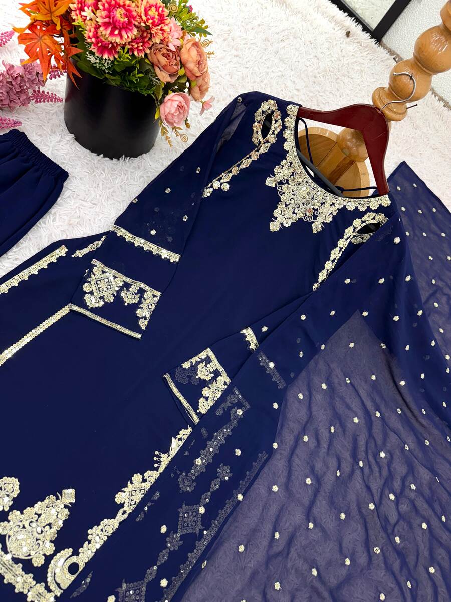 MOODERN GEORGETTE EMBROIDERY SEQUENCE WORK TOP BOTTOM WITH DUPATTA FESTIVE WEAR WHOLESALE PRICE ETHNIC GARMENT (1)