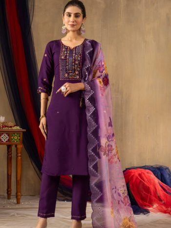 MOST PICKED ROMAN SILK MULTI EMBROIDERY THREAD, WITH HAND WORK TOP BOTTOM WITH DUPATTA PURPLE