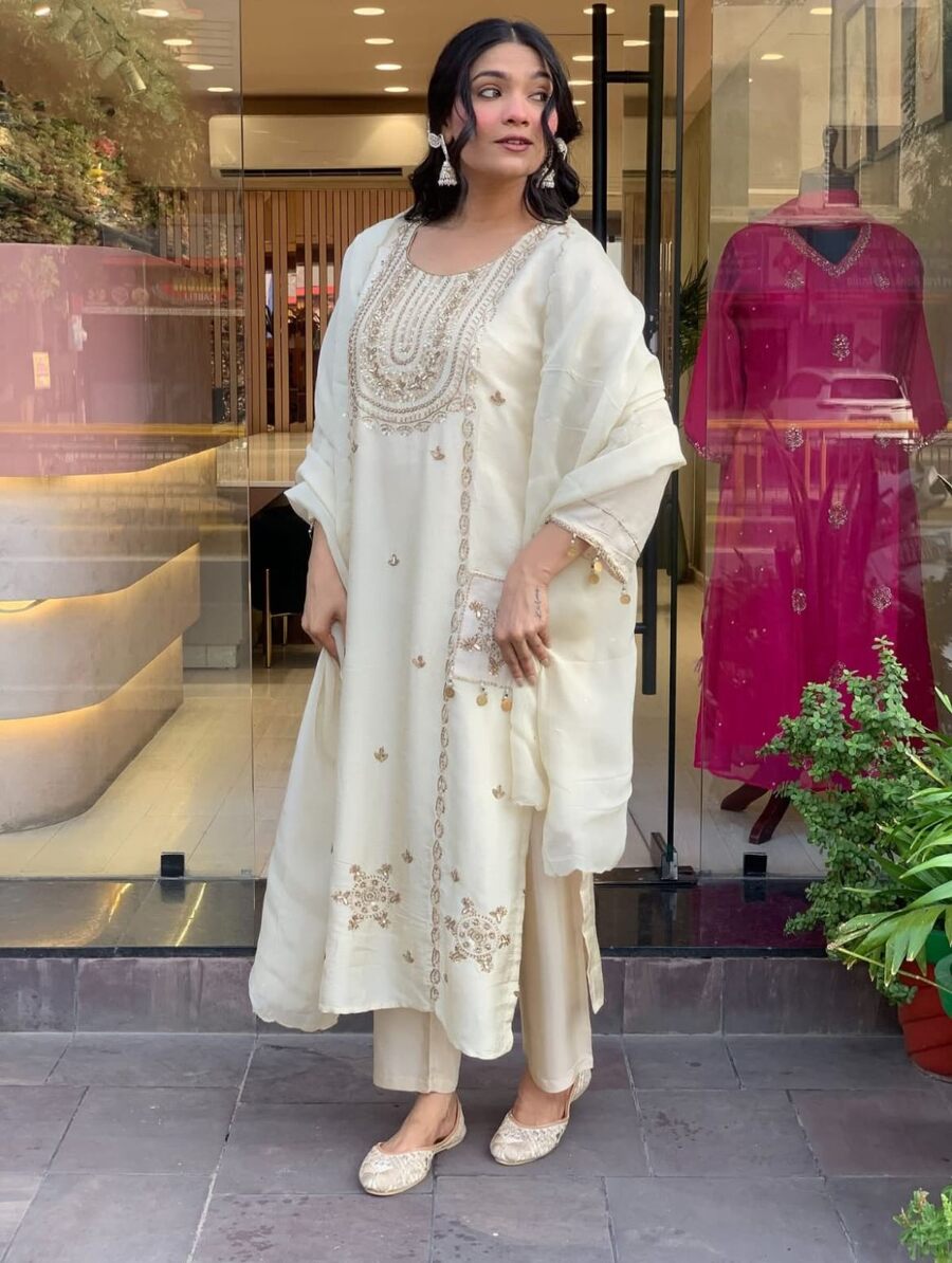 NEW ARRIVAL ART SILK EMBROIDERY WORK TOP BOTTOM WITH DUPATTA FESTIVE WEAR WHOLESALE PRICE ETHNIC GARMENT (2)