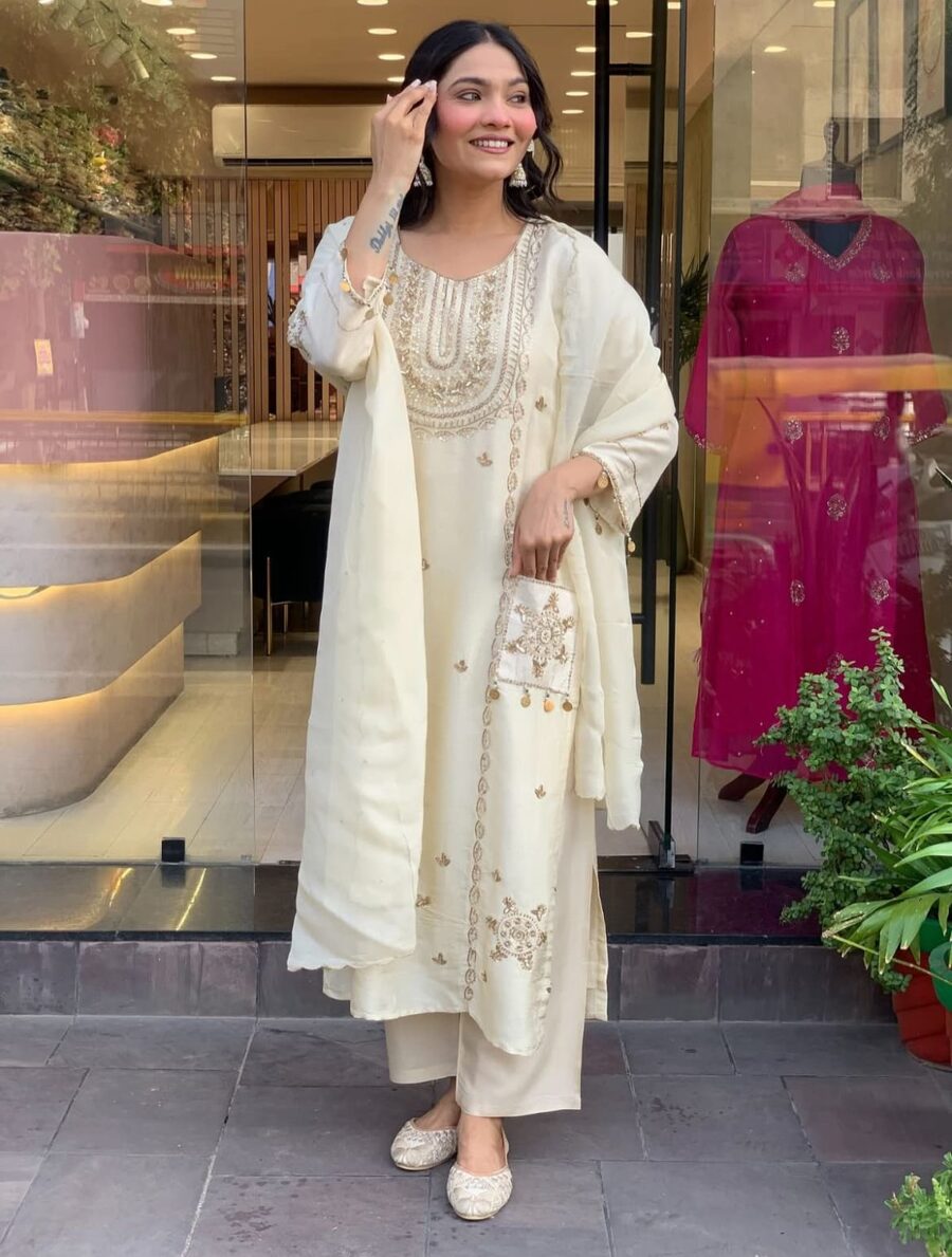 NEW ARRIVAL ART SILK EMBROIDERY WORK TOP BOTTOM WITH DUPATTA FESTIVE WEAR WHOLESALE PRICE ETHNIC GARMENT (4)