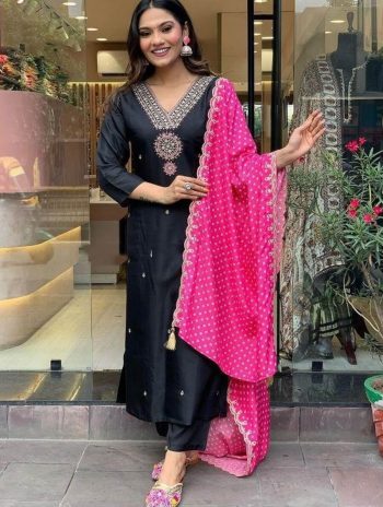 NEW ARRIVAL BANANA SILK EMBROIDERY AND ZARI WORK TOP BOTTOM WITH DUPATTA BLACK