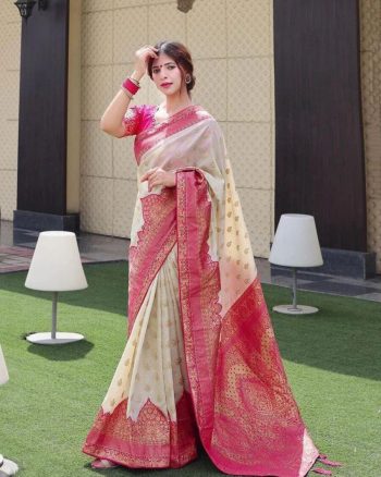 NEW ARRIVAL BANARASI LICHI SILK WEAVING WORK SAREE WITH UNSTITCHED BLOUSE PINK