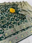 NEW ARRIVAL BANARASI SILK FLOWERS AND MINA WITH ZARI WEAVING BORDER WORK SAREE WITH UNSTITCHED BLOUSE GREEN