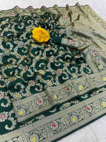 NEW ARRIVAL BANARASI SILK FLOWERS AND MINA WITH ZARI WEAVING BORDER WORK SAREE WITH UNSTITCHED BLOUSE GREEN
