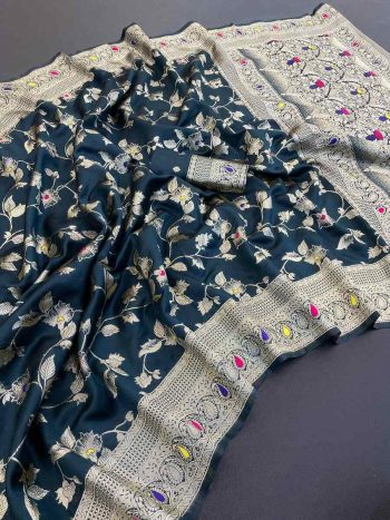 NEW ARRIVAL BANARASI SILK FLOWERS AND MINA WITH ZARI WEAVING BORDER WORK SAREE WITH UNSTITCHED BLOUSE MORPICH