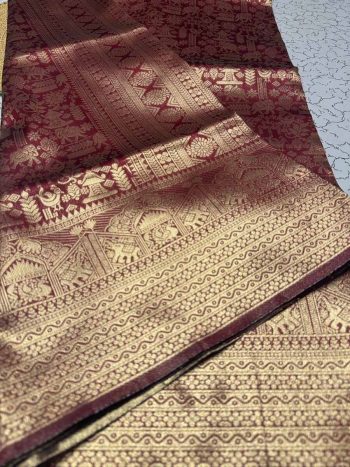 NEW ARRIVAL BANARASI SOFT SILK GOLD ZARI WEAVING WORK SAREE WITH UNSTITCHED BLOUSE BROWN