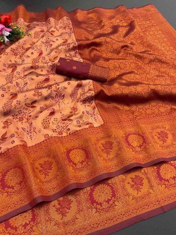 NEW ARRIVAL BANARASI SOFT SILK ZARI WEAVING AND JACQUARD WORK SAREE WITH UNSTITCHED BLOUSE PEACH