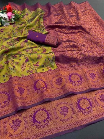 NEW ARRIVAL BANARASI SOFT SILK ZARI WEAVING AND JACQUARD WORK SAREE WITH UNSTITCHED BLOUSE PARROT GREEN