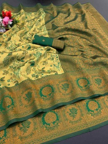 NEW ARRIVAL BANARASI SOFT SILK ZARI WEAVING AND JACQUARD WORK SAREE WITH UNSTITCHED BLOUSE PISTA