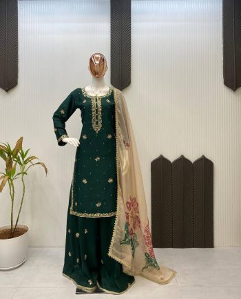 NEW ARRIVAL CHINON SEQUENCE EMBROIDERY WORK TOP PALAZZO WITH DUPATTA GREEN
