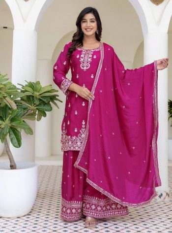NEW ARRIVAL CHINON SILK EMBROIDERY SEQUENCE WORK TOP PALAZZO WITH DUPATTA PINK