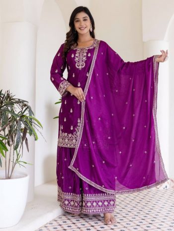 NEW ARRIVAL CHINON SILK EMBROIDERY SEQUENCE WORK TOP PALAZZO WITH DUPATTA PURPLE