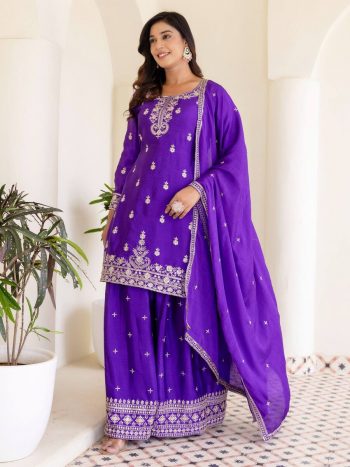 NEW ARRIVAL CHINON SILK EMBROIDERY SEQUENCE WORK TOP PALAZZO WITH DUPATTA BLUE
