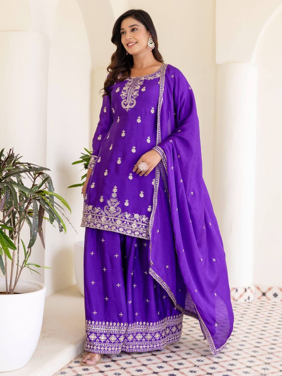 NEW ARRIVAL CHINON SILK EMBROIDERY SEQUENCE WORK TOP PALAZZO WITH DUPATTA (8)