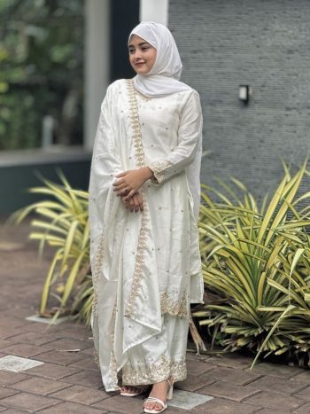 NEW ARRIVAL CHINON SILK EMBROIDERY SEQUENCE WORK TOP PALAZZO WITH DUPATTA WHITE