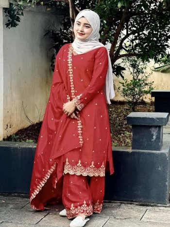 NEW ARRIVAL CHINON SILK EMBROIDERY SEQUENCE WORK TOP PALAZZO WITH DUPATTA RED