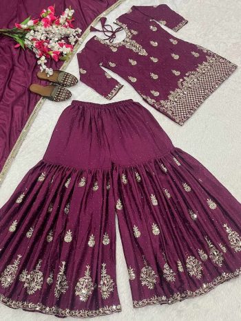 NEW ARRIVAL CHINON SILK SEQUENCE EMBROIDERY WORK TOP SHARARA WITH DUPATTA WINE