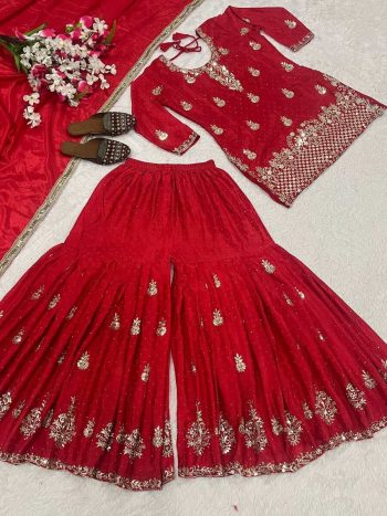 NEW ARRIVAL CHINON SILK SEQUENCE EMBROIDERY WORK TOP SHARARA WITH DUPATTA RED