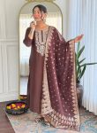 NEW ARRIVAL COTTON SILK EMBROIDERY WORK TOP BOTTOM WITH DUPATTA BROWN