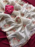 NEW ARRIVAL CRUSH SILK EMBROIDERY AND SWAROVSKI WORK BUTTA WITH CUT BORDER WORK SAREE WITH UNSTITCHED BLOUSE WHITE