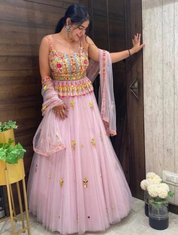 NEW ARRIVAL DUBLE LAYER THREAD WORK LEHENGA PEPLUM TOP AND DUPATTA BABY PINK