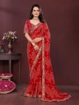 NEW ARRIVAL GEORGETTE DIGITAL PRINT WITH EMBROIDERY WORK BORDER WORK SAREE WITH UNSTITCHED BLOUSE RED
