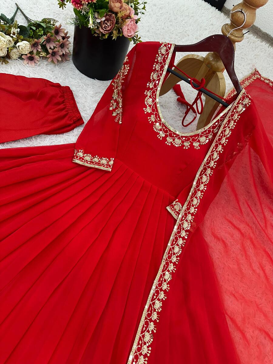 NEW ARRIVAL GEORGETTE EMBROIDERY WORK GOWN BOTTOM WITH DUPATTA WEDDING WEAR WHOLESALE PRICE ETHNIC GARMENT (1)