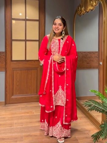 NEW ARRIVAL GEORGETTE EMBROIDERY WORK TOP PALAZZO WITH DUPATTA RED