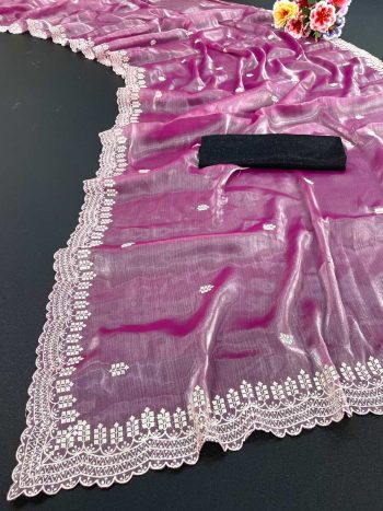 NEW ARRIVAL JIMMY CHOO SEQUENCE EMBROIDERY CONTRAST-PALLU WORK SAREE WITH UNSTITCHED BLOUSE PINK