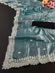 NEW ARRIVAL JIMMY CHOO SEQUENCE EMBROIDERY CONTRAST-PALLU WORK SAREE WITH UNSTITCHED BLOUSE SKY