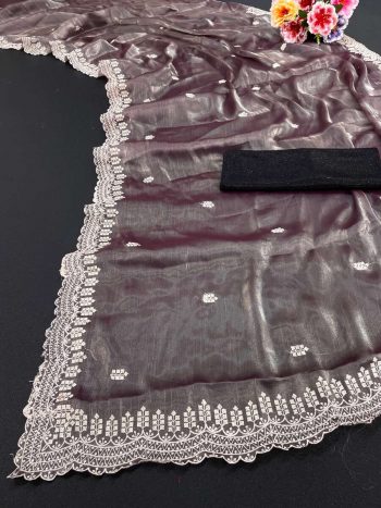 NEW ARRIVAL JIMMY CHOO SEQUENCE EMBROIDERY CONTRAST-PALLU WORK SAREE WITH UNSTITCHED BLOUSE CREAM