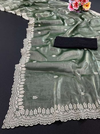 NEW ARRIVAL JIMMY CHOO SEQUENCE EMBROIDERY CONTRAST-PALLU WORK SAREE WITH UNSTITCHED BLOUSE PISTA